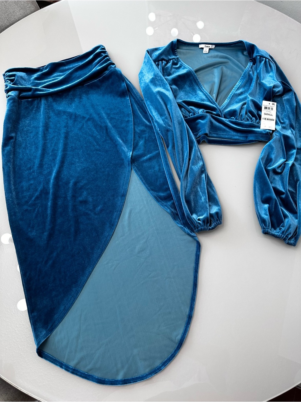 BarIII Turquoise Blue Velvet High-Low Midi Skirt - and crop top Women